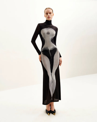 Eva Body Print Mesh Dress - Black and White