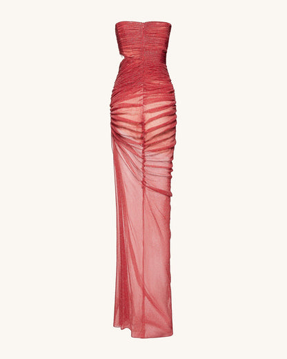Mia Strapless Sheer Glitter Gown - Scarlet
