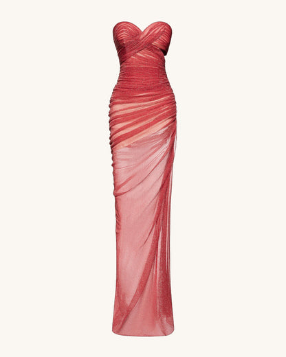Mia Strapless Sheer Glitter Gown - Scarlet