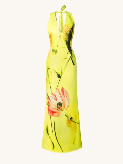 Floral Satin Halter Dress - Yellow/Pink