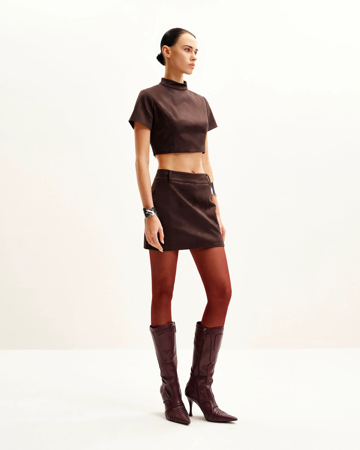 Grace Faux Suede Crop Top and Mini Skirt Set - Chocolate Brown