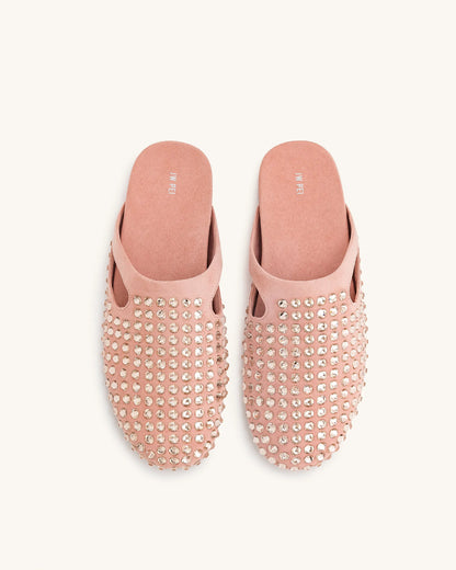 Athena Artificial Crystal Flat Mules - Pink Beige