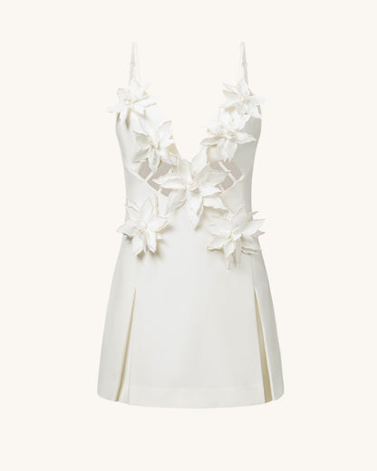 Yuliya White Floral Embellishment V-neckline Mini Dress - White