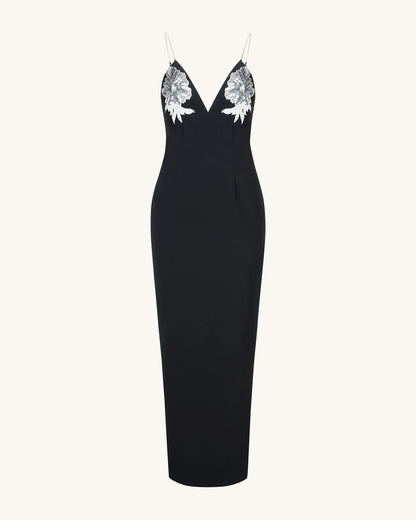 Ayliua Sweetheart-Neckline Rhinestones Embellished Black Long Dress - Black
