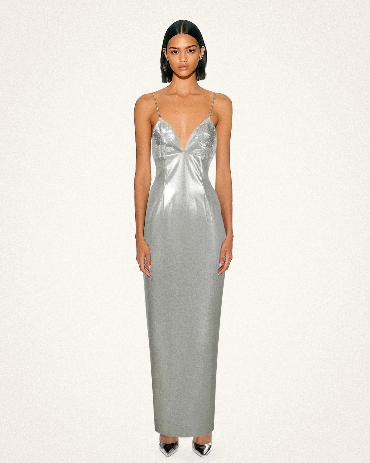 Ayliua Sweetheart-Neckline Rhinestones Embellished Silver Long Dress - Silver