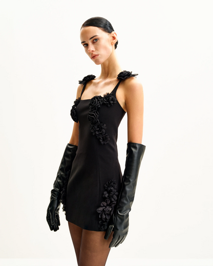 Elaina Black Rosette Applique Mini Dress - Black