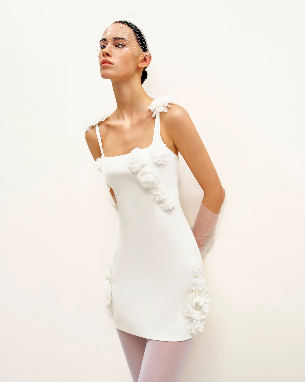 Elaina White Rosette Applique Mini Dress - White