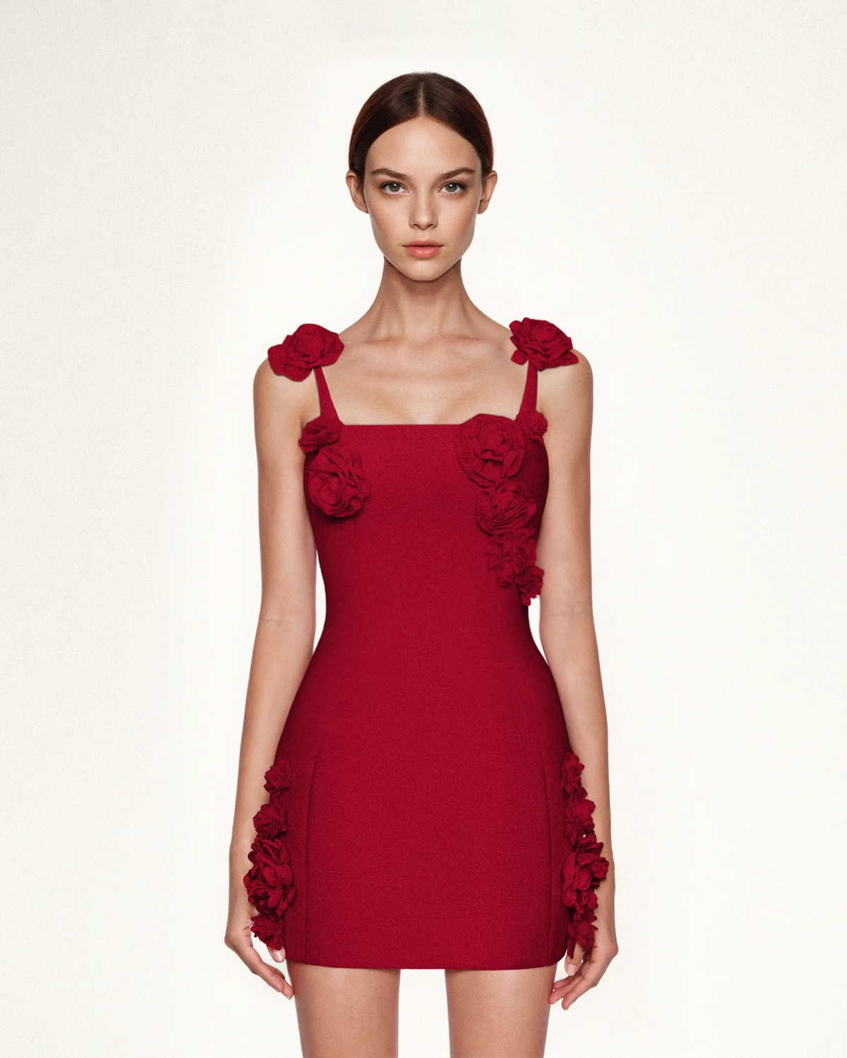 Elaina Rosette Applique Mini Dress - Red