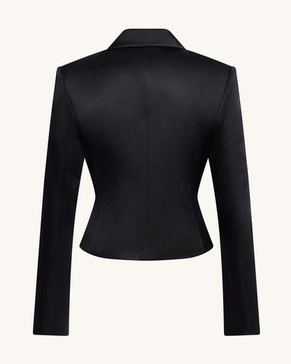 Satin Sculpted Waist Cropped Blazer - Black