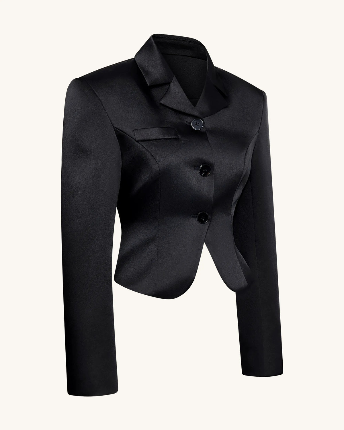 Satin Sculpted Waist Cropped Blazer - Black