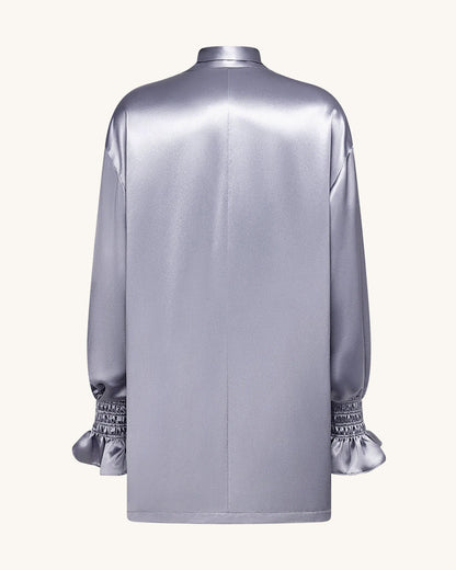 Ribbon Tie Balloon Sleeve Longline Blazer - Silver