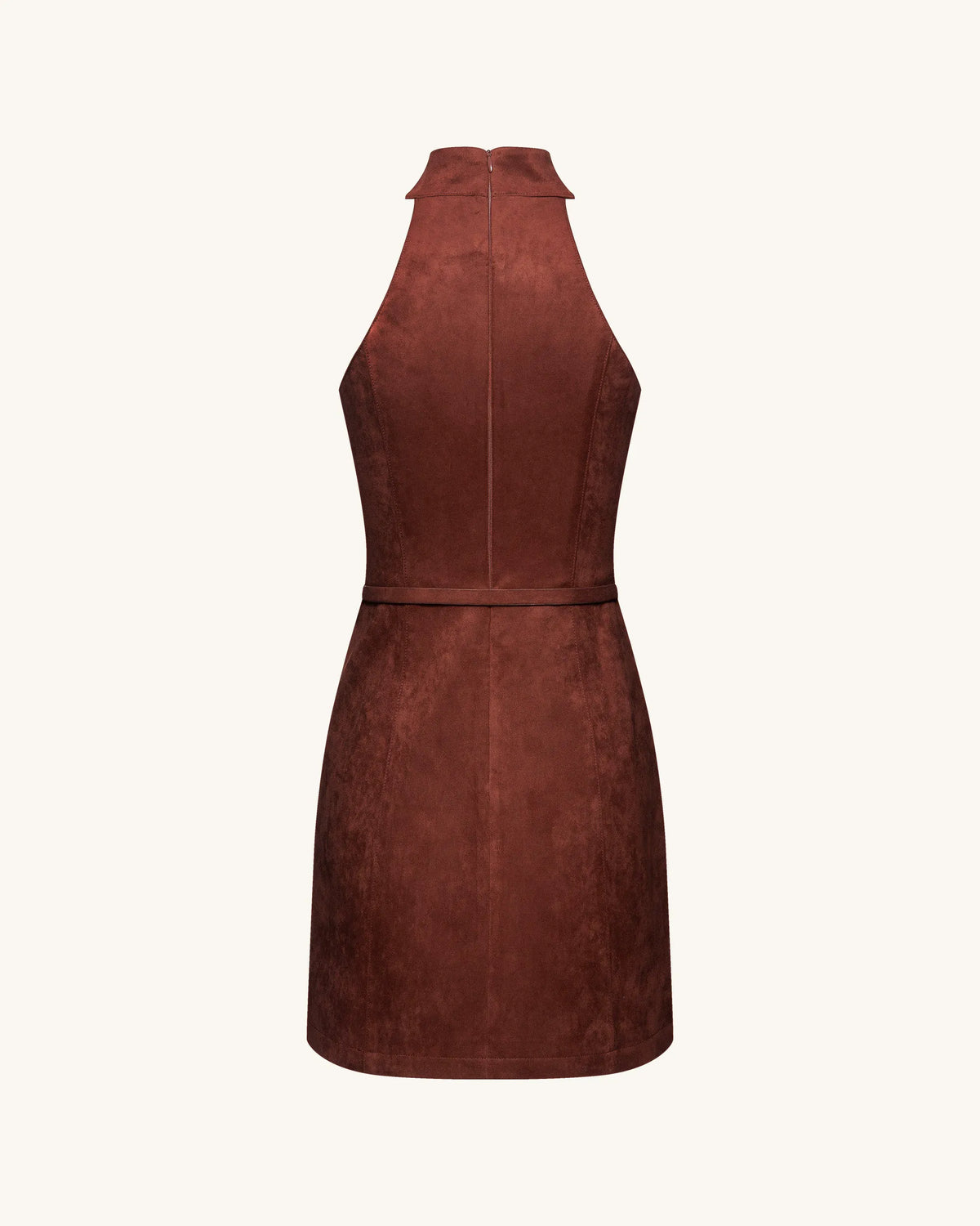 Faux Suede Halter Neck Zip-Front Mini Dress - Burgundy