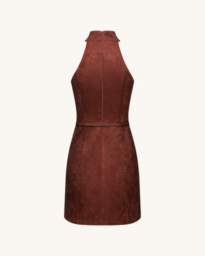 Faux Suede Halter Neck Zip-Front Mini Dress - Burgundy
