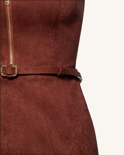 Faux Suede Halter Neck Zip-Front Mini Dress - Burgundy