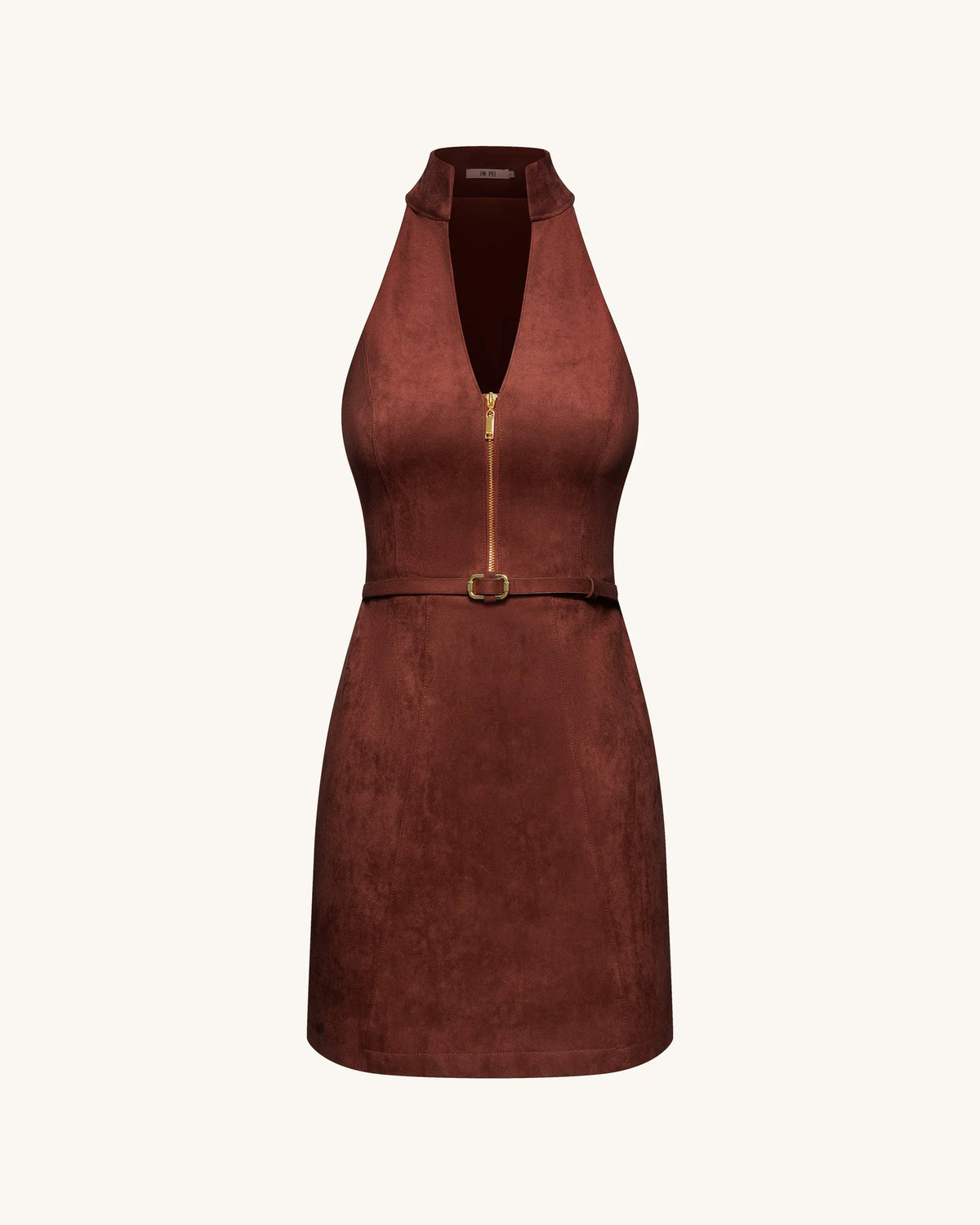 Faux Suede Halter Neck Zip-Front Mini Dress - Burgundy