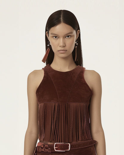 Faux Suede Fringe Halter - Burgundy