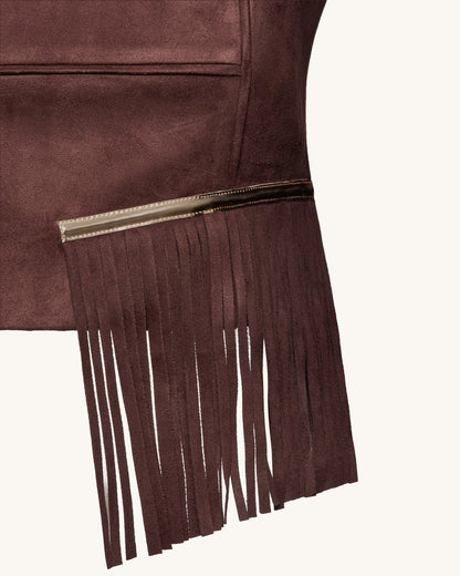 Faux Suede V-Neck Fringe Top - Chocolate Brown