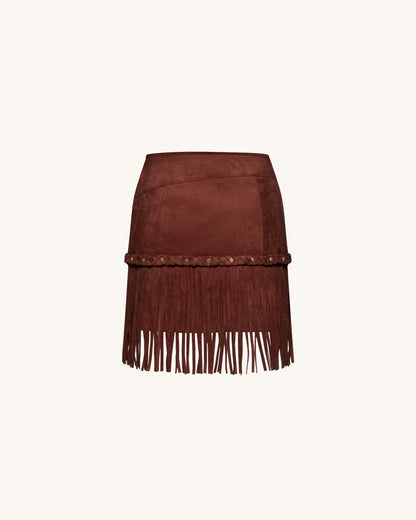 Western-Style Sueded Fringe Skirt - Burgundy