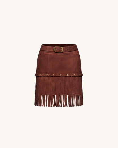 Western-Style Sueded Fringe Skirt - Burgundy