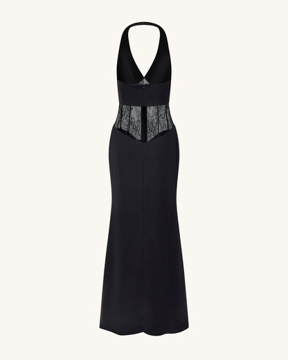 Ruched Lace Panel Maxi Dress - Black