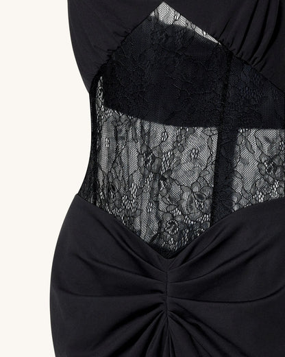 Ruched Lace Panel Maxi Dress - Black