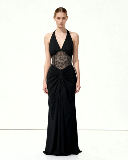 Ruched Lace Panel Maxi Dress - Black