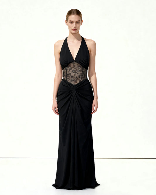 Ruched Lace Panel Maxi Dress - Black