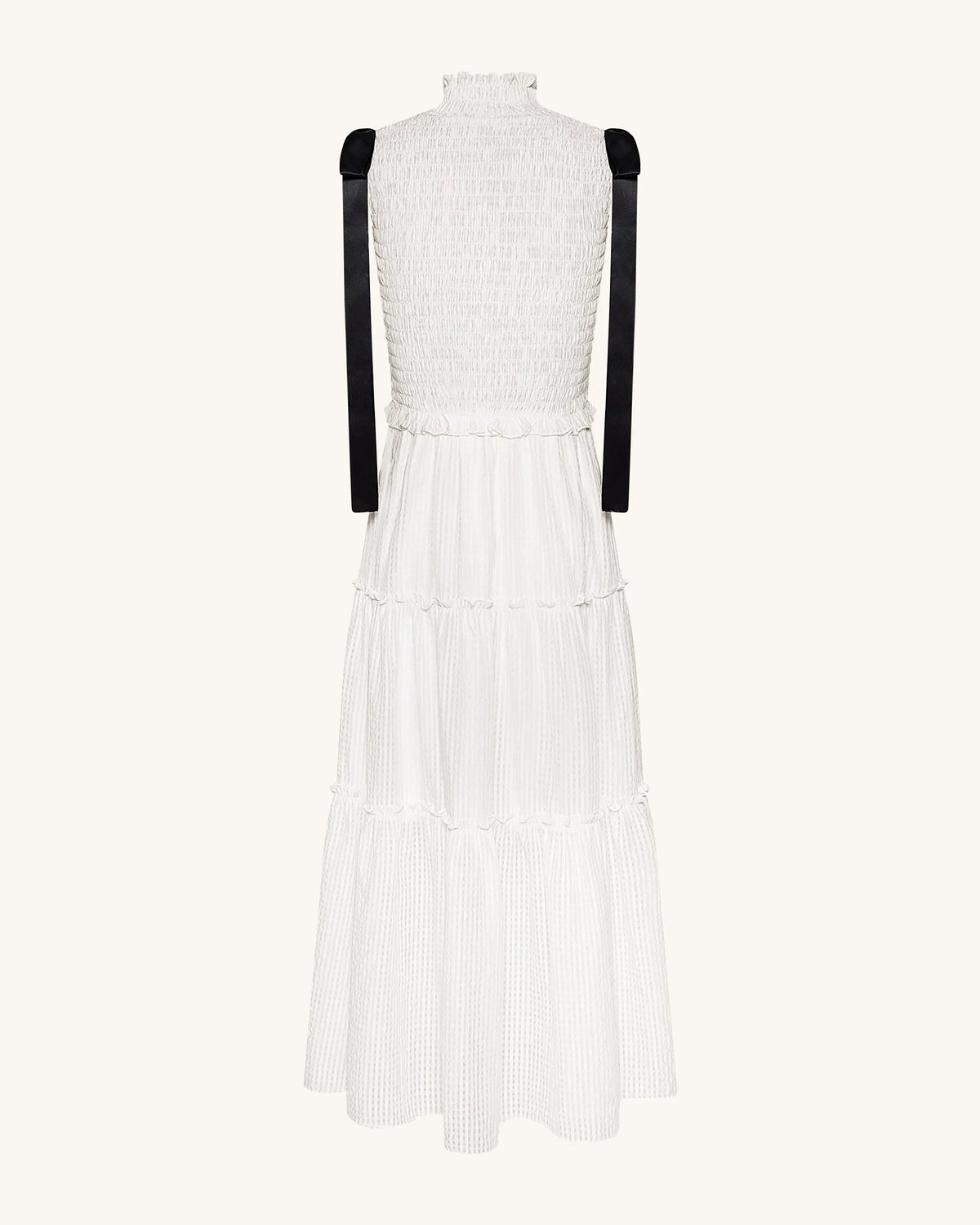 High-Neck Sleeveless Smocked Three-Tier Maxi Dress - White