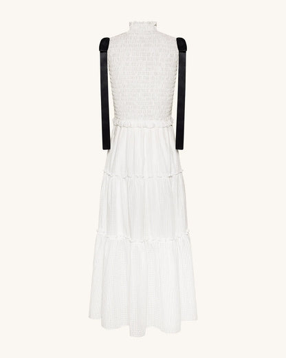 High-Neck Sleeveless Smocked Three-Tier Maxi Dress - White