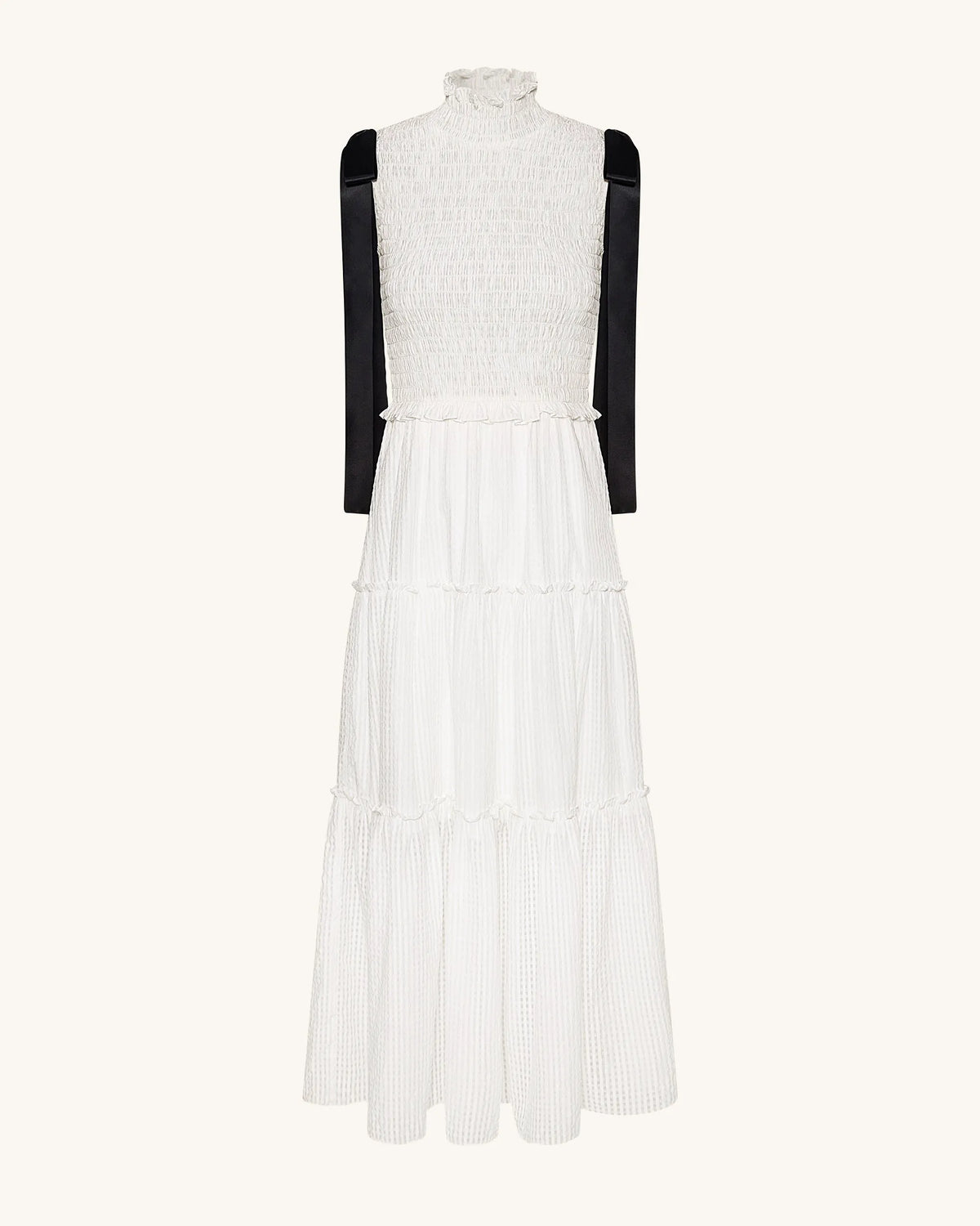 High-Neck Sleeveless Smocked Three-Tier Maxi Dress - White