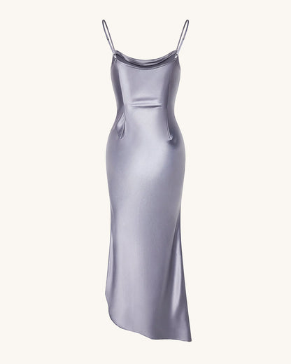 Liquid Satin Cowl-Slit Gown - Silver