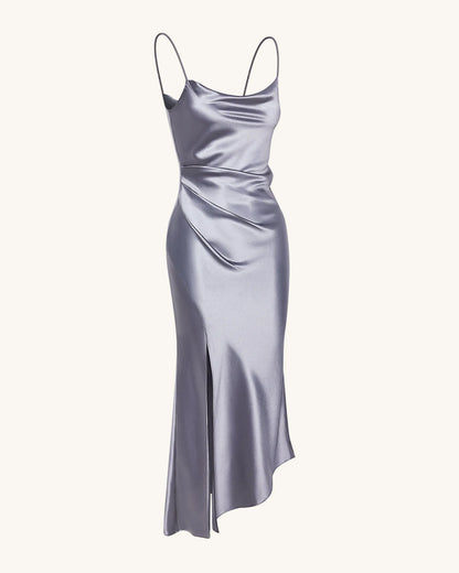 Liquid Satin Cowl-Slit Gown - Silver