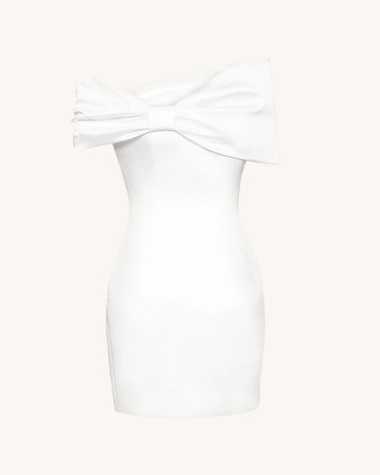 Satin Asymmetric Bow Mini Dress - White