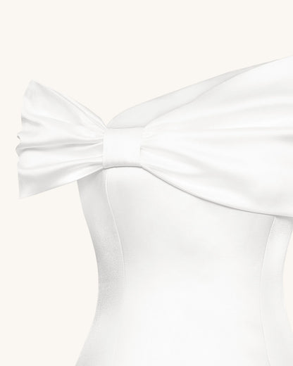 Satin Asymmetric Bow Mini Dress - White