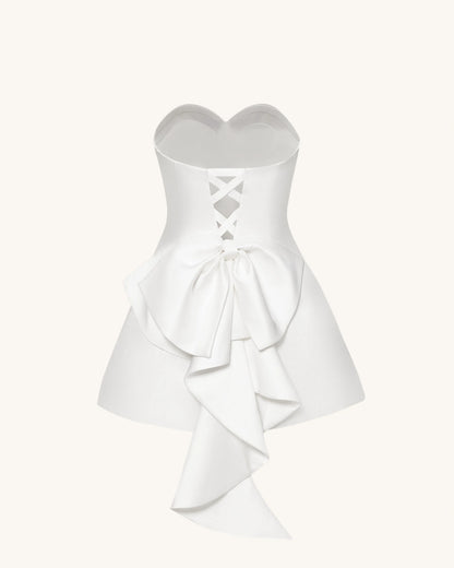 Satin Strapless Bow-Back Mini Dress - White