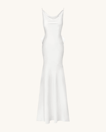 Satin Cowl-Neck Bow-Back Maxi Dress - White