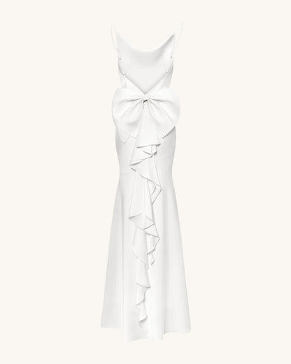 Satin Cowl-Neck Bow-Back Maxi Dress - White