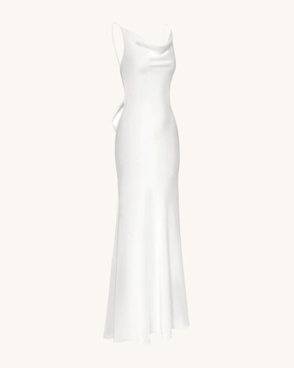 Satin Cowl-Neck Bow-Back Maxi Dress - White