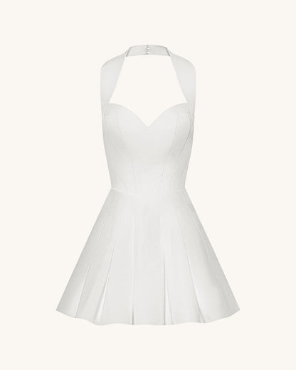 Pleated Bustier Halter Mini Dress - White