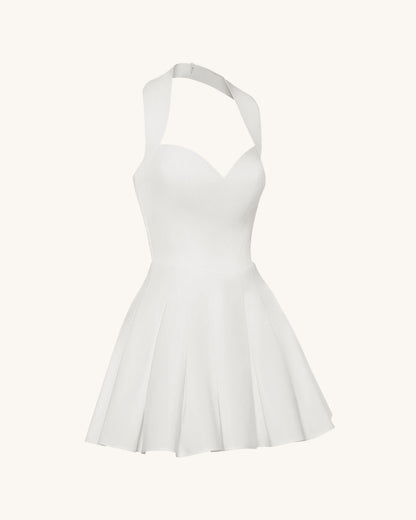 Pleated Bustier Halter Mini Dress - White
