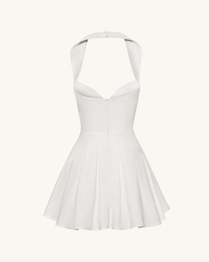Pleated Bustier Halter Mini Dress - White