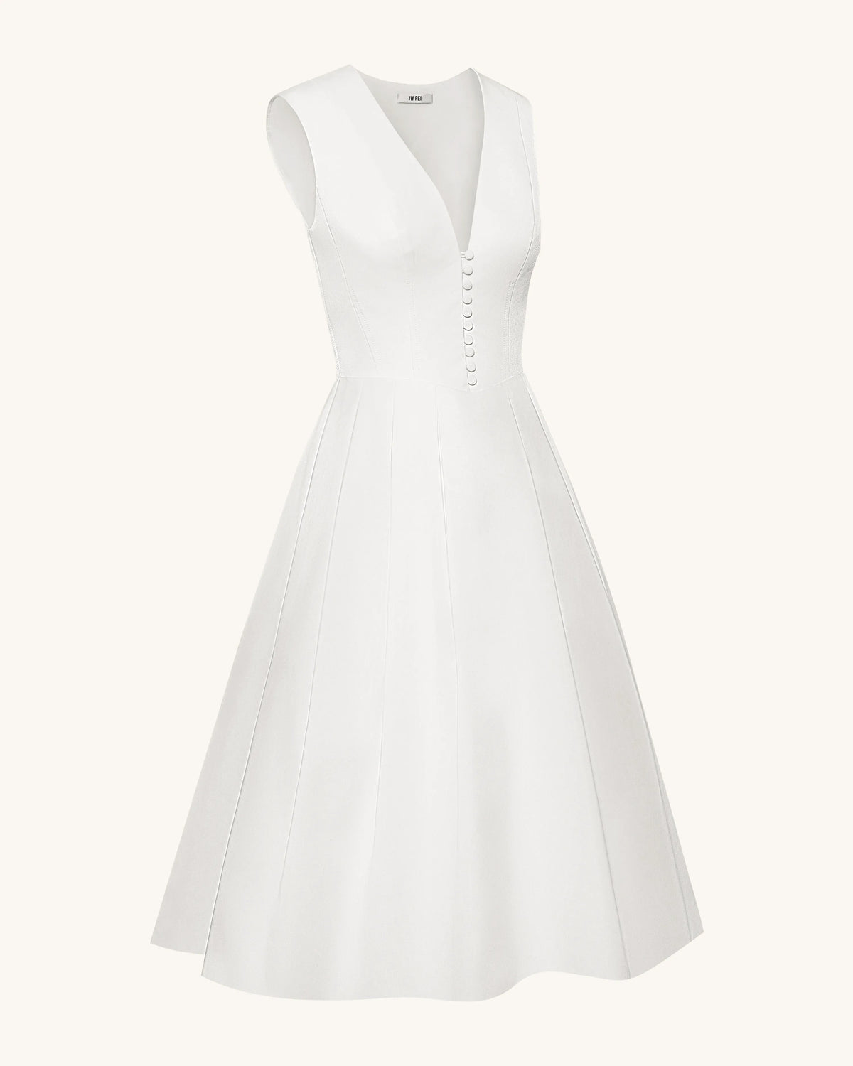 Front V-Neck Pleated Midi Dress - White