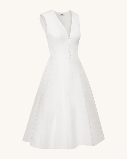 Front V-Neck Pleated Midi Dress - White