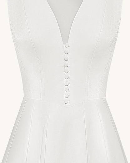 Front V-Neck Pleated Midi Dress - White