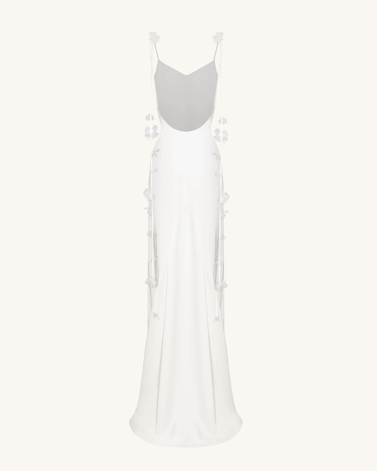 Satin Strappy Maxi Dress with Floral Streamers - White