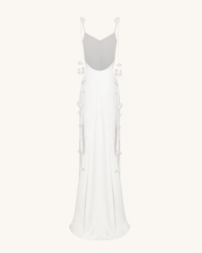 Satin Strappy Maxi Dress with Floral Streamers - White