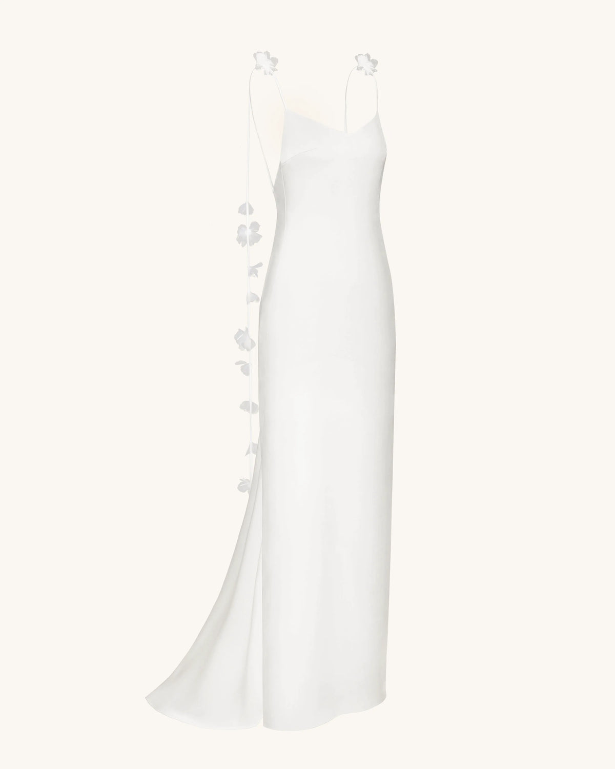 Satin Strappy Maxi Dress with Floral Streamers - White