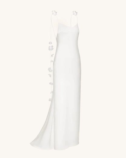 Satin Strappy Maxi Dress with Floral Streamers - White