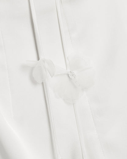 Satin Strappy Maxi Dress with Floral Streamers - White