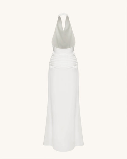 Satin Cowl Neck Ruched Maxi Gown - White